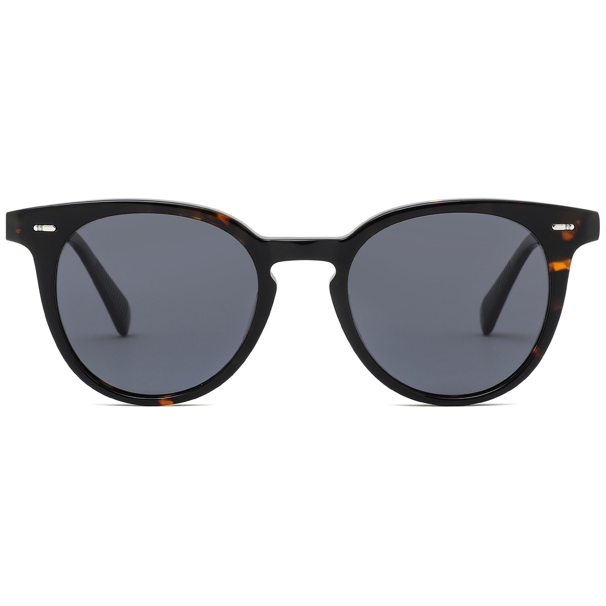 Classic Round Acetate Sunglasses - Tortoise Shell Frame with Silver Rivet Detail