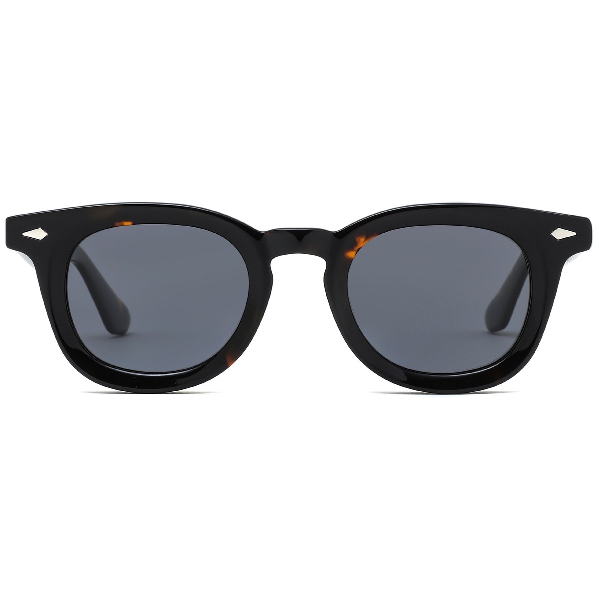 Vintage Round Thick Acetate Sunglasses - Tortoise Frame with Diamond Metal Accent