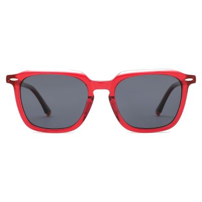 Classic Square Acetate Sunglasses - Glossy Red Frame with Smoke Lens